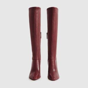 REISS Burgundy Cressida Knee High Leather Boots 39